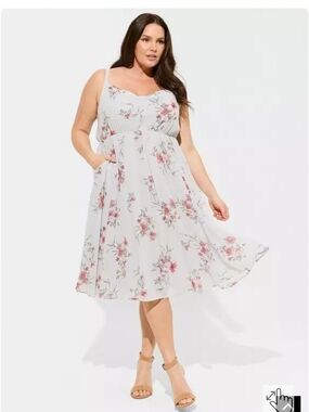 Floral Fit-and-Flare Midi Dress in Light Blue and Pink